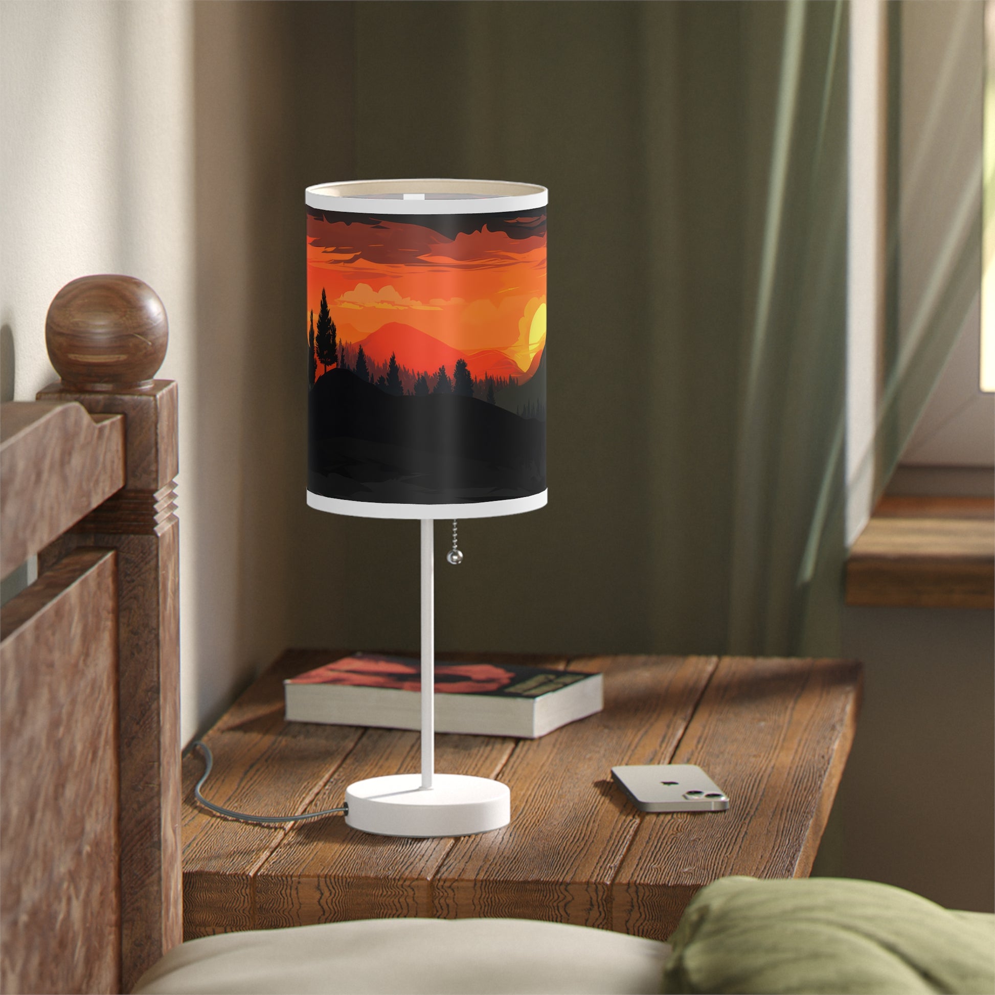 Sunset Silhouette - Lamp captures indoor sunset magic. With a realistic print of mountains and sunset, it bathes rooms in inviting hues. Radiant yet calming, its soft glow mimics natural sunsets, perfect for winding down. The lamp's 20" × 7" size, solid white steel base, and versatile design make it a charming addition to side tables, work desks, or nightstands.