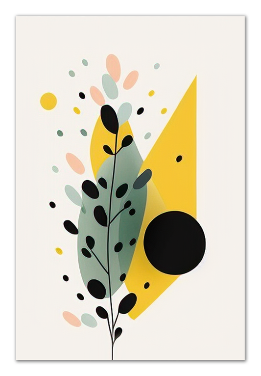 Contemporary Harmony Satin Poster features striking black and yellow designs interspersed with color-blocked shapes and confetti-like dots. With its asymmetric balance and nature-inspired motifs, this piece offers a vibrant touch to minimalist decors, effortlessly complementing both neutral and bold interiors.