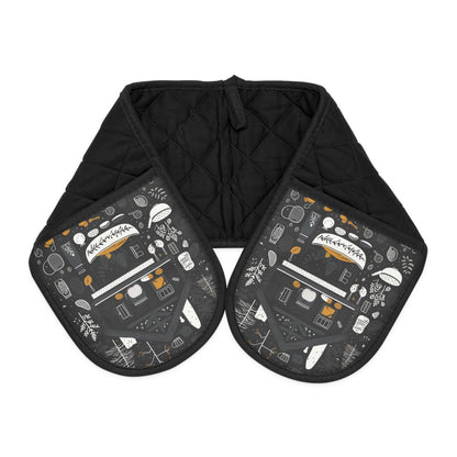 Cozy Cabin - Double Oven Mitt blends style and function. Its modern monochrome cabin-themed print in shades of black, grey, and yellow elevates kitchen décor. Made from 100% cotton, it ensures heat protection. Its slip-resistant design offers a firm grip on cookware. With slide-in pockets and a universal fit, it's both practical and chic. The hanging loop ensures easy storage, making it a must-have for contemporary kitchens.