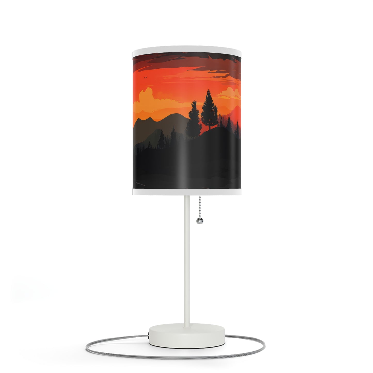 Sunset Silhouette - Lamp captures indoor sunset magic. With a realistic print of mountains and sunset, it bathes rooms in inviting hues. Radiant yet calming, its soft glow mimics natural sunsets, perfect for winding down. The lamp's 20" × 7" size, solid white steel base, and versatile design make it a charming addition to side tables, work desks, or nightstands.