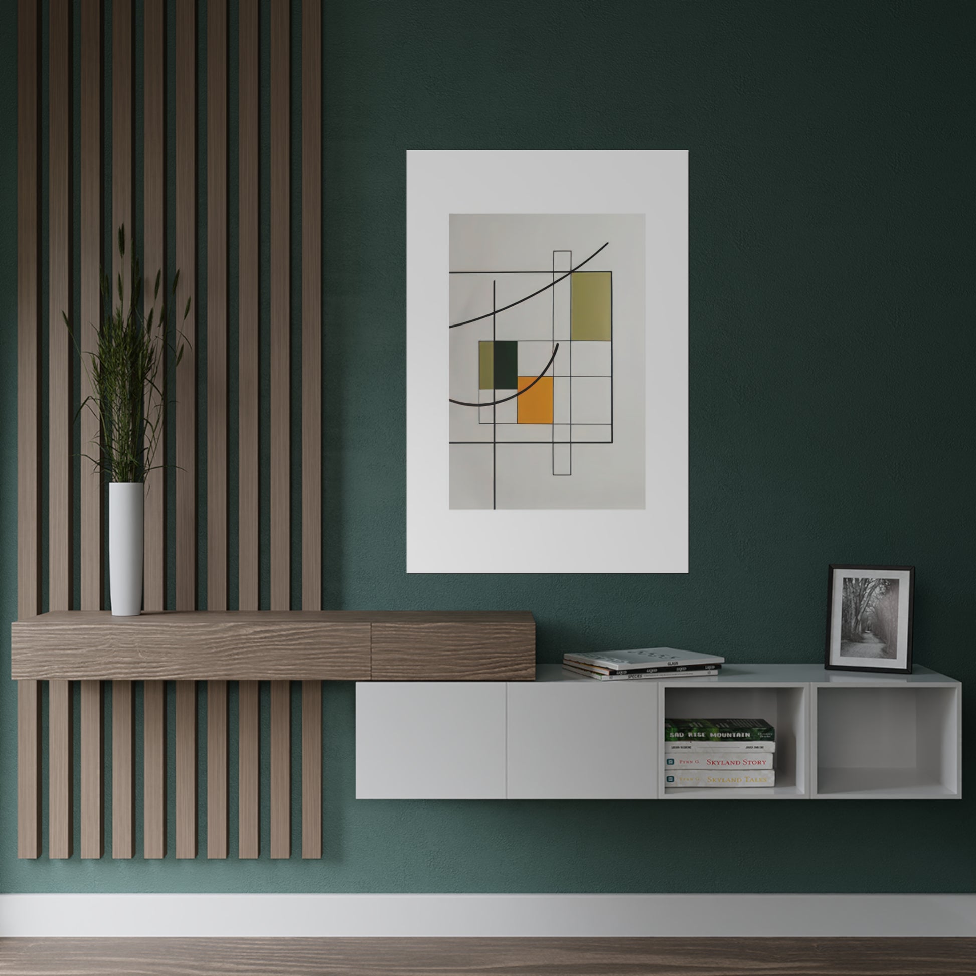 Essence of Form (2/3) Sunlit Simplicity - Satin Poster artfully marries minimalist Bauhaus design with classic composition. Using a blend of green, yellow, and amber, the abstract geometric arrangement is both engaging and tranquil. The light backdrop emphasizes the vibrant curves and grids, striking a balance between abstract allure and structured design. More than mere decor, this artwork celebrates the fusion of design and function, inviting viewers into a vivid exploration of imagination and form.