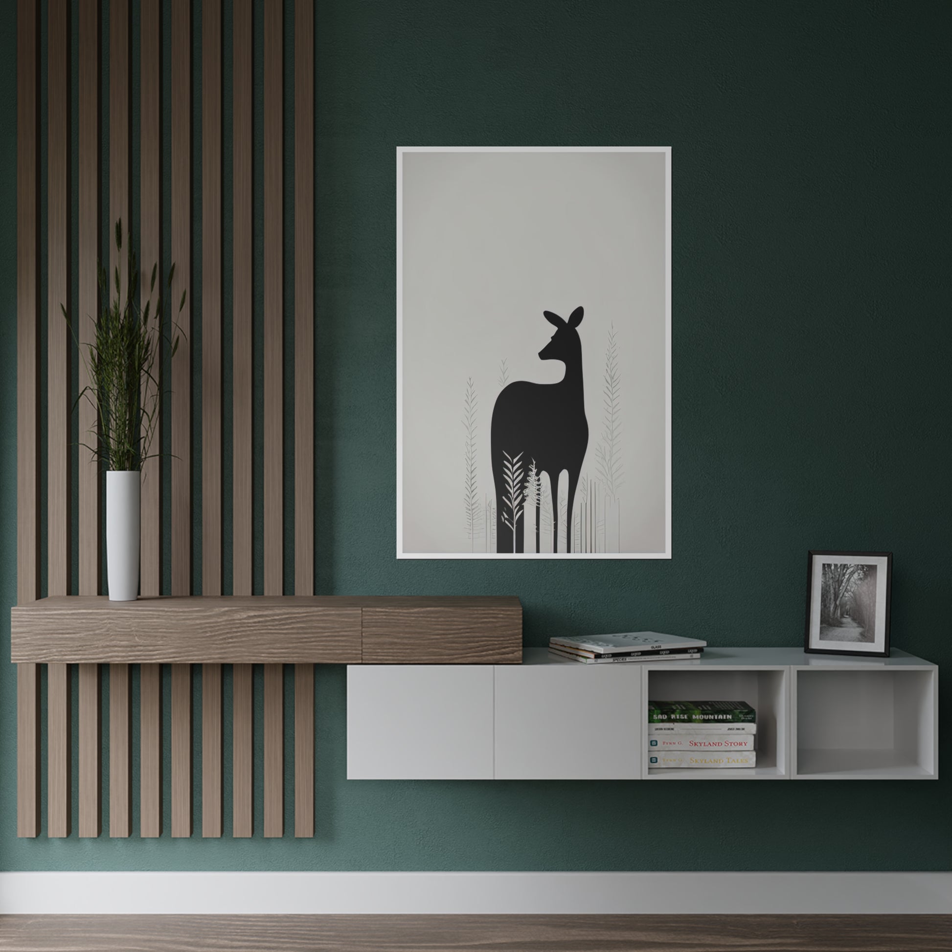 Palette of Tranquility (3/3) Silhouette of Elegance - Satin Poster gracefully unveils the poised silhouette of a female deer, evoking serenity and introspection as she gazes into the distance. Using a spectrum of greys and blacks, her figure contrasts beautifully with the delicately textured backdrop. The surrounding monochromatic flora complements without overshadowing, preserving the series' minimalist elegance.