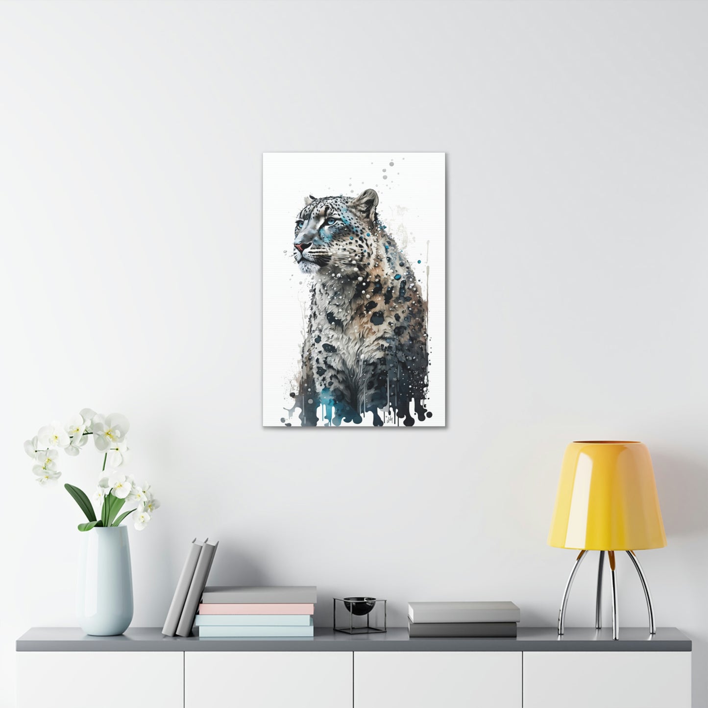 Snow Leopard Wall Art from the Wildlife Collection unveils the elusive elegance of this mountainous predator on canvas. With its poised demeanor and captivating gaze, this artwork serves as a serene reflection of nature's wonders, ideal for spaces that seek to harmonize modern design with the grace of the wild.