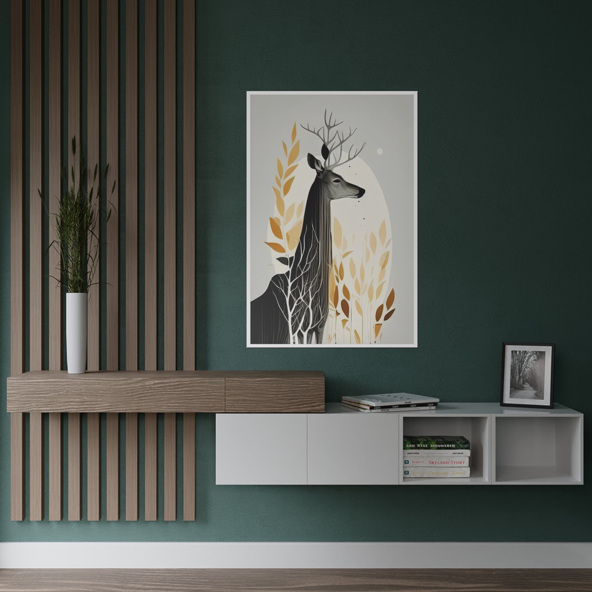Palette of Tranquility (1/3) The Stag's Serenity - Satin Poster beautifully captures the serene grandeur of a male deer in half-profile, its gaze subtly engaging the viewer. Using a monochrome palette of greys and blacks, the deer's intricate details stand out against a softer silhouette. A minimalist backdrop of foliage adds depth, while gentle gradients and dappled shadows enhance the calm atmosphere. A hint of warm yellow breathes life and contrast, completing this tranquil composition.