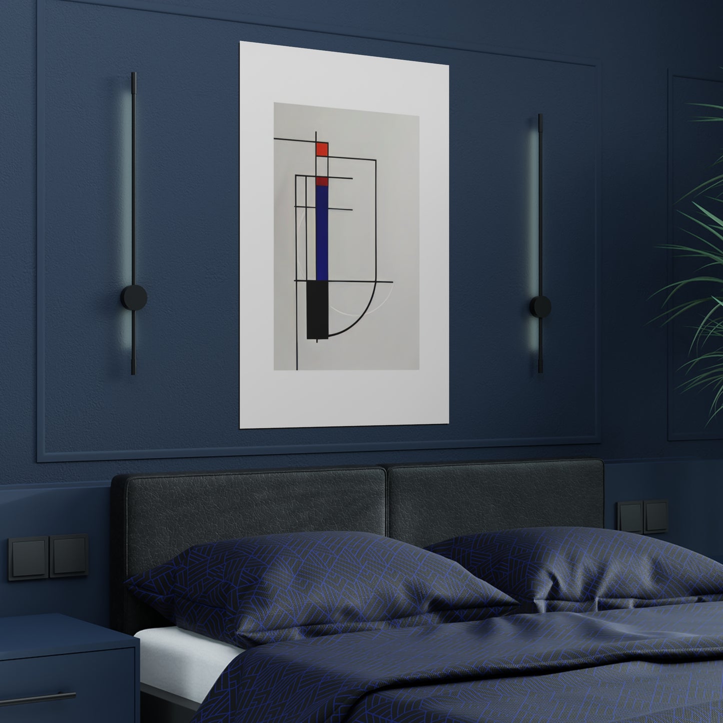 Essence of Form (3/3) Midnight Minimalism - Satin Poster draws from Bauhaus photography, infused with abstract constructivism. The rich palette of red, black, ochre, and blue contrasts with kinetic sculptures and symbolic still-lifes, creating a dynamic interplay of shadow and light. With echoes of the historic "Werkstätte" era, this poster introduces depth, making it perfect for introspective and artistic spaces.