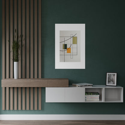 Essence of Form (2/3) Sunlit Simplicity - Satin Poster artfully marries minimalist Bauhaus design with classic composition. Using a blend of green, yellow, and amber, the abstract geometric arrangement is both engaging and tranquil. The light backdrop emphasizes the vibrant curves and grids, striking a balance between abstract allure and structured design. More than mere decor, this artwork celebrates the fusion of design and function, inviting viewers into a vivid exploration of imagination and form.