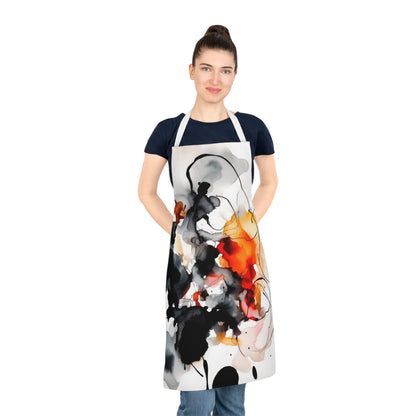 Vibrant Void - Design Apron is wearable abstract art. With dominant black tones accented by orange and red splashes, it blends sophistication with modern flair. Crafted from 100% pre-shrunk polyester canvas, it promises durability. The white strap elegantly complements the watercolor pattern, offering visual harmony. The tie-back closure ensures a customizable fit, making it comfortable for kitchen or craft endeavors. One size fits all, providing ample coverage for cooking, baking, or creating in style.