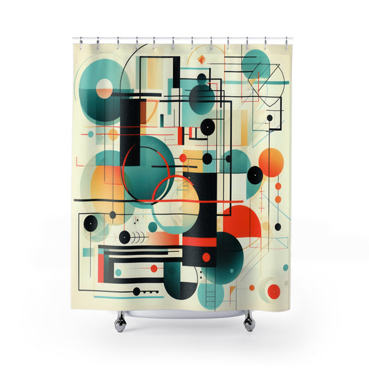 Vibrant Harmony - Shower Curtain features a dynamic abstract design with bold blues, fiery reds, and vivid yellows intersecting in lively composition. Measuring 71 x 74 inches, it brings energy and personality to your bathroom decor.