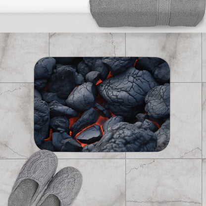 Turn up the heat in your bathroom decor with Walking on Hot Lava Rocks - Décor Bath Mat. Its fiery lava rocks design on sturdy 100% microfiber material adds volcanic energy. The anti-slip backing ensures safety and the robust edge binding guarantees lasting quality.