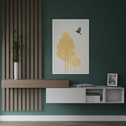 Palette of Tranquility (2/3) Elevation in Flight - Satin Poster presents a bird's dynamic ascent, effortlessly juxtaposing the vigor of flight with a calming minimalism. With wings outstretched against a backdrop of trees subtly kissed with warm yellows, the scene evokes depth and motion. This minimalistic portrayal ensures the bird remains the focal point, echoing the series' hallmark simplicity and serenity.