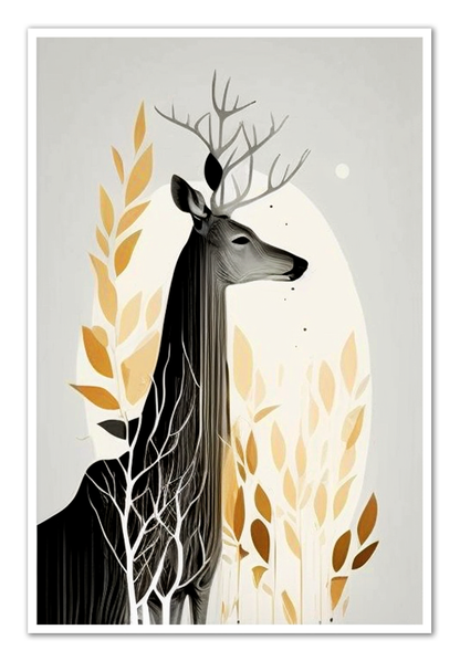 Palette of Tranquility (1/3) The Stag's Serenity - Satin Poster beautifully captures the serene grandeur of a male deer in half-profile, its gaze subtly engaging the viewer. Using a monochrome palette of greys and blacks, the deer's intricate details stand out against a softer silhouette. A minimalist backdrop of foliage adds depth, while gentle gradients and dappled shadows enhance the calm atmosphere. A hint of warm yellow breathes life and contrast, completing this tranquil composition.