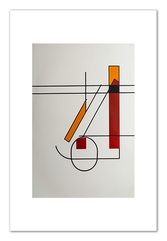 Essence of Form (1/3) Bold Equilibrium - Satin Poster blends Bauhaus design with classical balance, resulting in a striking modernist print. Vivid hues of red, orange, and yellow, framed by bold and slender black lines, contrast beautifully against a clean backdrop. Simplistic characters add playfulness, and while the design is undeniably modern, it exudes a familiar warmth. Its minimalist nature ensures easy integration into various spaces, enriching both homes and offices.