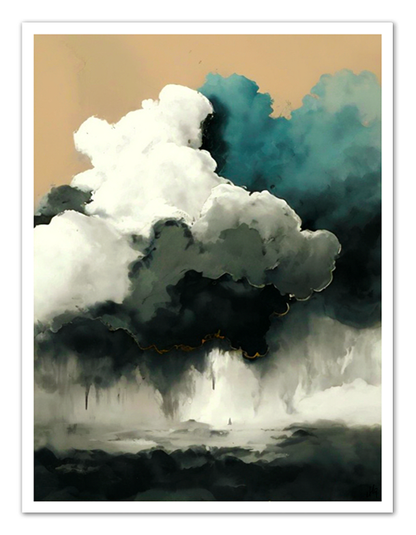 Tranquil Turmoil - Canvas Wall Art portrays nature's power and calm. Light azure and dark white clouds converge over a stormy sea of teal and beige, contrasted by a serene sky above. Printed on 100% cotton canvas, it's naturally white, matte, and substantial at 400gsm. The colors remain vibrant for lasting enjoyment.