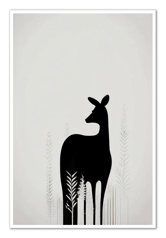 Palette of Tranquility (3/3) Silhouette of Elegance - Satin Poster gracefully unveils the poised silhouette of a female deer, evoking serenity and introspection as she gazes into the distance. Using a spectrum of greys and blacks, her figure contrasts beautifully with the delicately textured backdrop. The surrounding monochromatic flora complements without overshadowing, preserving the series' minimalist elegance.