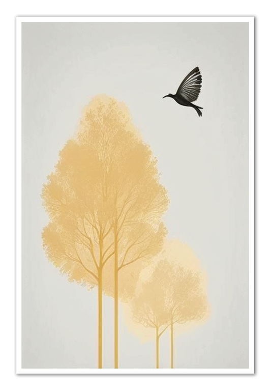 Palette of Tranquility (2/3) Elevation in Flight - Satin Poster presents a bird's dynamic ascent, effortlessly juxtaposing the vigor of flight with a calming minimalism. With wings outstretched against a backdrop of trees subtly kissed with warm yellows, the scene evokes depth and motion. This minimalistic portrayal ensures the bird remains the focal point, echoing the series' hallmark simplicity and serenity.