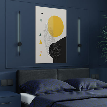 Contemporary Harmony Satin Poster presents a serene design of abstract leaves, harmoniously set against shades of dark yellow and light emerald. With its intricate faceted shapes, the composition exudes depth and tranquility. Ideal for those keen on infusing nature-inspired elements into their spaces, this piece shines in sunrooms, reading nooks, or bedrooms, and blends effortlessly with earth-toned or pastel palettes, creating a soothing visual experience.