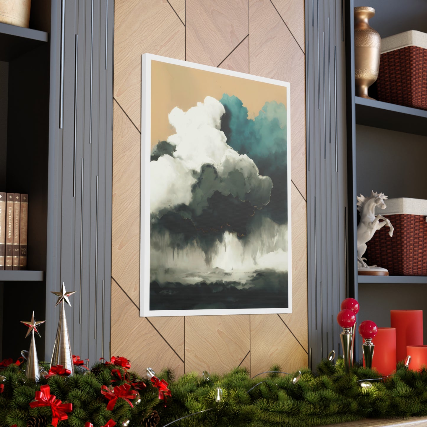 Tranquil Turmoil - Canvas Wall Art portrays nature's power and calm. Light azure and dark white clouds converge over a stormy sea of teal and beige, contrasted by a serene sky above. Printed on 100% cotton canvas, it's naturally white, matte, and substantial at 400gsm. The colors remain vibrant for lasting enjoyment.