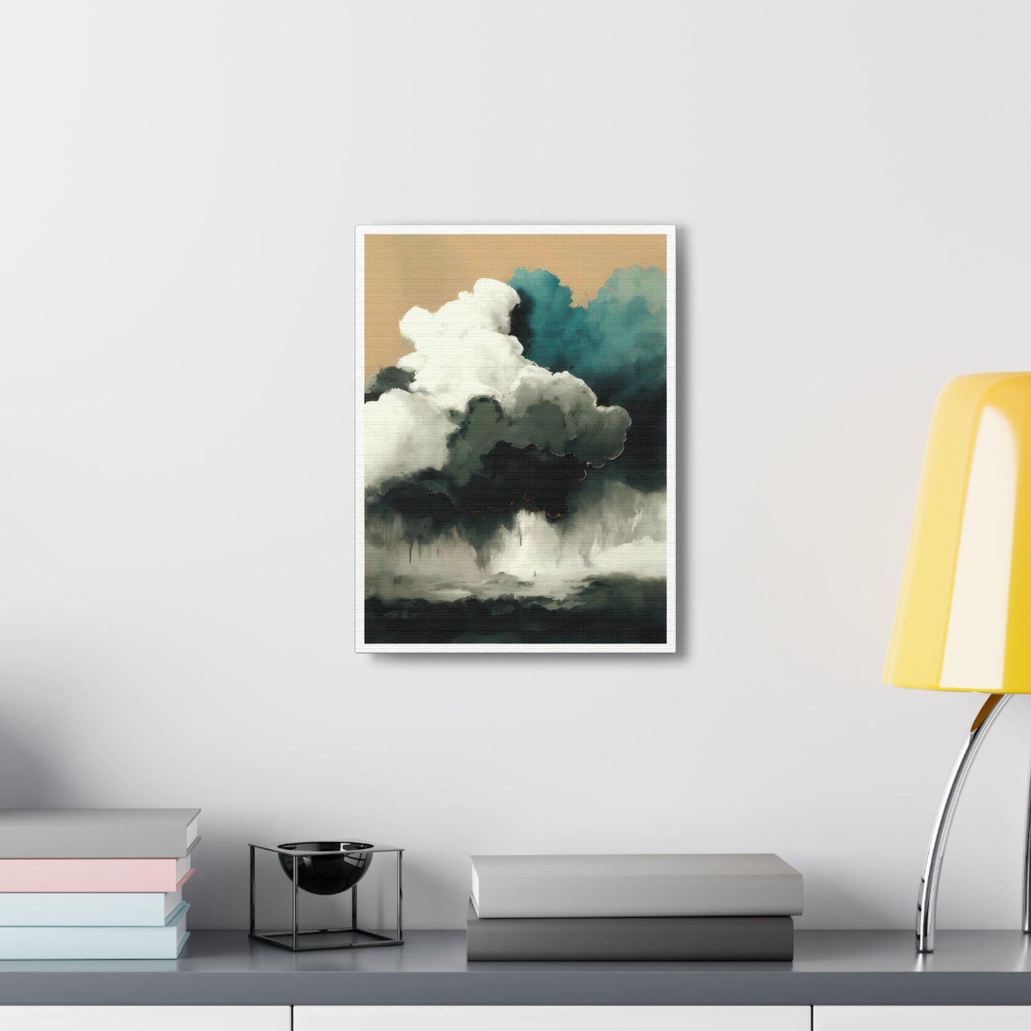 Tranquil Turmoil - Canvas Wall Art portrays nature's power and calm. Light azure and dark white clouds converge over a stormy sea of teal and beige, contrasted by a serene sky above. Printed on 100% cotton canvas, it's naturally white, matte, and substantial at 400gsm. The colors remain vibrant for lasting enjoyment.