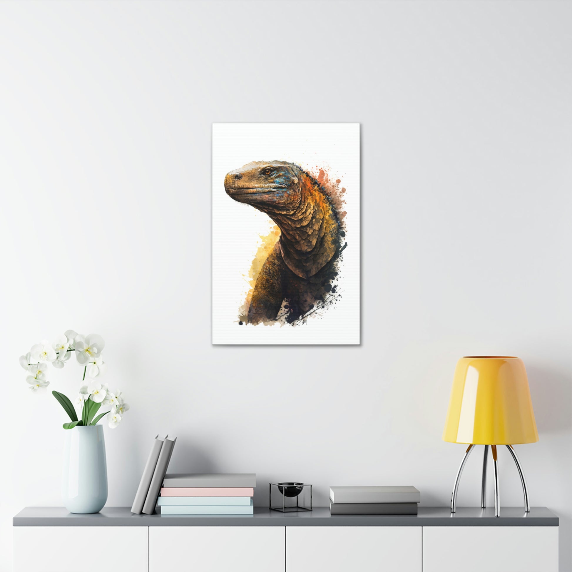 Komodo Dragon Wall Art from the Wildlife Collection, a detailed and vivid portrayal on canvas, highlighting the formidable grace of this ancient reptile. An essential pick for lovers of unique wall art, nature-centric gallery installations, commanding canvas pieces, and an infusion of the wild into modern home aesthetics.