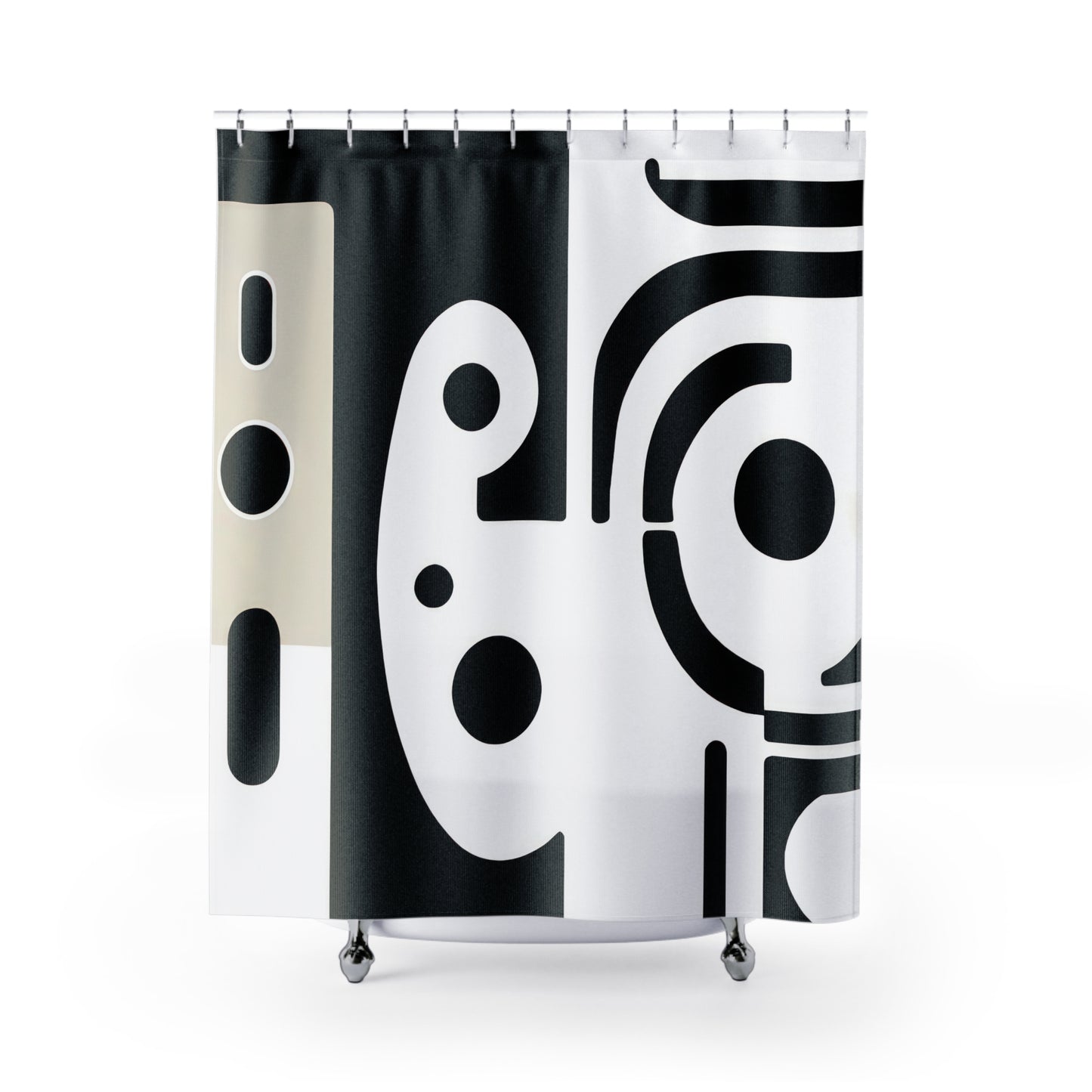 Elevate your shower experience with Sculptural Simplicity - Shower Curtain. Its abstract art, featuring black and white icons, minimalist abstractions, and emotive faces, is enhanced by light yellow and dark white hues. Crafted from 100% recycled polyester, it combines eco-consciousness with unique design. Measuring 71 x 74 inches, it's easy to install with a robust buttonhole top. Low-maintenance, it can stand alone for design showcase or be paired with a liner for added longevity.