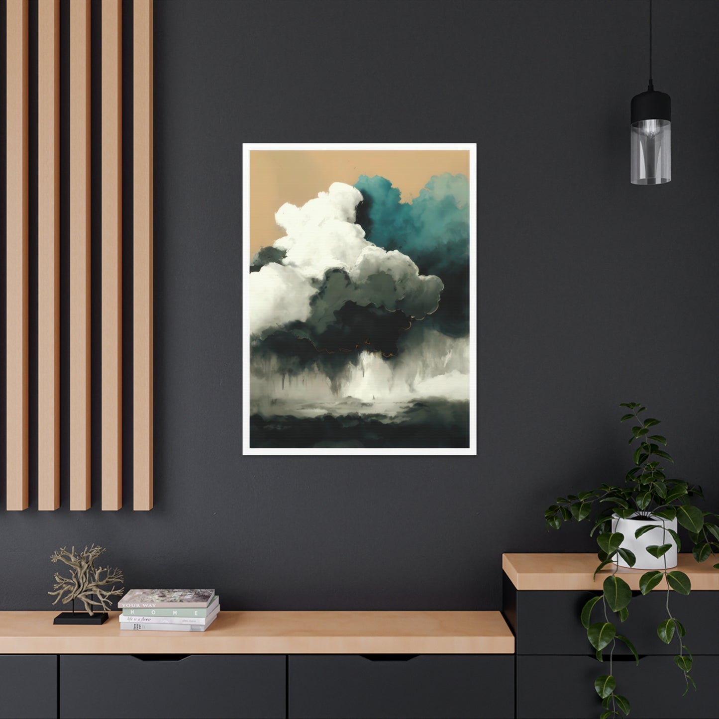 Tranquil Turmoil - Canvas Wall Art portrays nature's power and calm. Light azure and dark white clouds converge over a stormy sea of teal and beige, contrasted by a serene sky above. Printed on 100% cotton canvas, it's naturally white, matte, and substantial at 400gsm. The colors remain vibrant for lasting enjoyment.