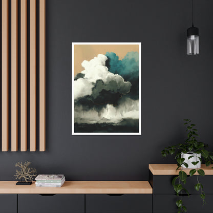 Tranquil Turmoil - Canvas Wall Art portrays nature's power and calm. Light azure and dark white clouds converge over a stormy sea of teal and beige, contrasted by a serene sky above. Printed on 100% cotton canvas, it's naturally white, matte, and substantial at 400gsm. The colors remain vibrant for lasting enjoyment.
