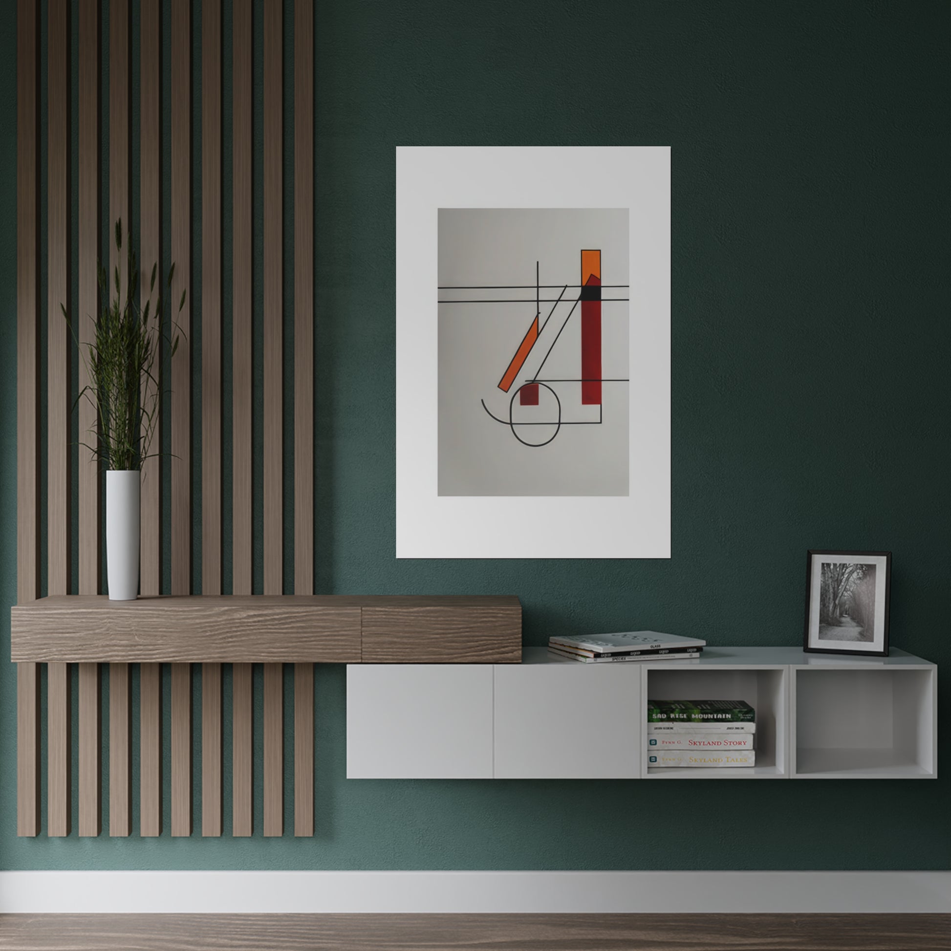 Essence of Form (1/3) Bold Equilibrium - Satin Poster blends Bauhaus design with classical balance, resulting in a striking modernist print. Vivid hues of red, orange, and yellow, framed by bold and slender black lines, contrast beautifully against a clean backdrop. Simplistic characters add playfulness, and while the design is undeniably modern, it exudes a familiar warmth. Its minimalist nature ensures easy integration into various spaces, enriching both homes and offices.