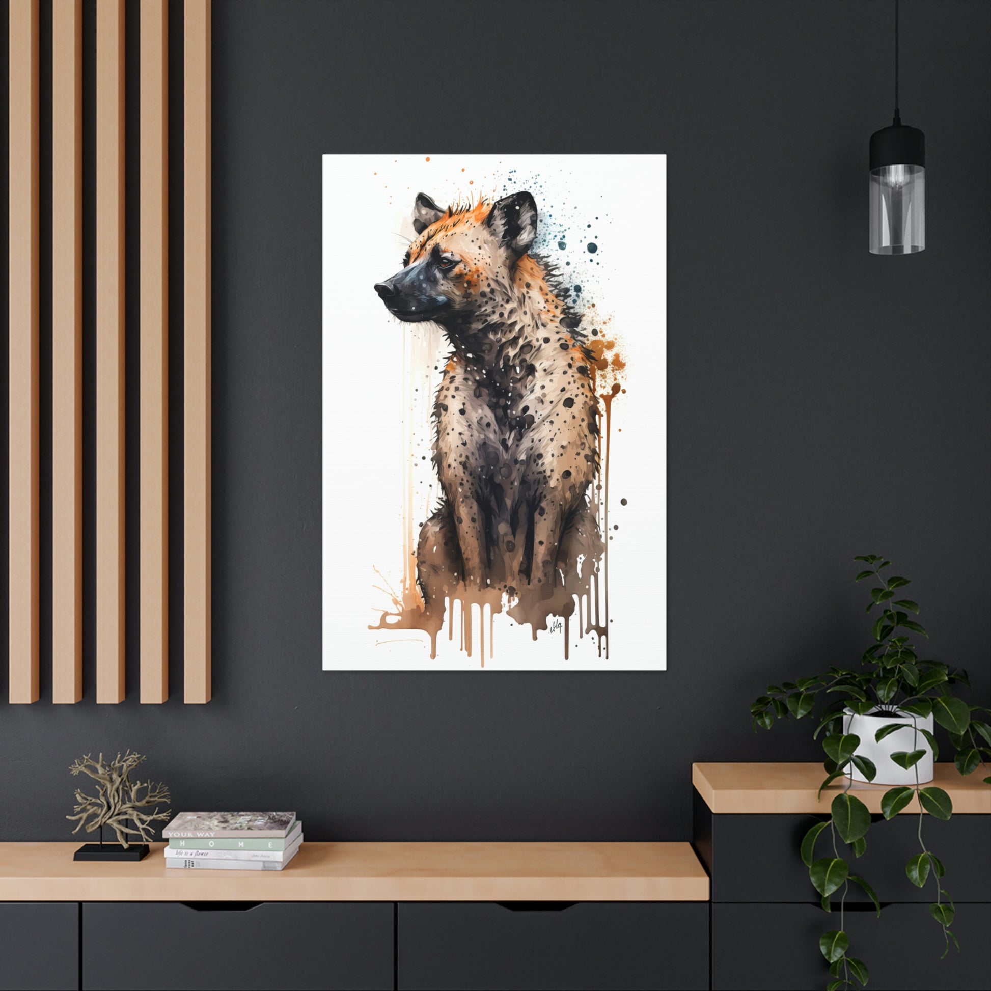 Hyena Wall Art from the Wildlife Collection, a striking representation on canvas, illustrating the raw intensity and natural allure of this often-misunderstood creature. Perfect for those seeking impactful wall art, nature-themed gallery inclusions, dynamic canvas showpieces, and a touch of the wild for contemporary home decor.