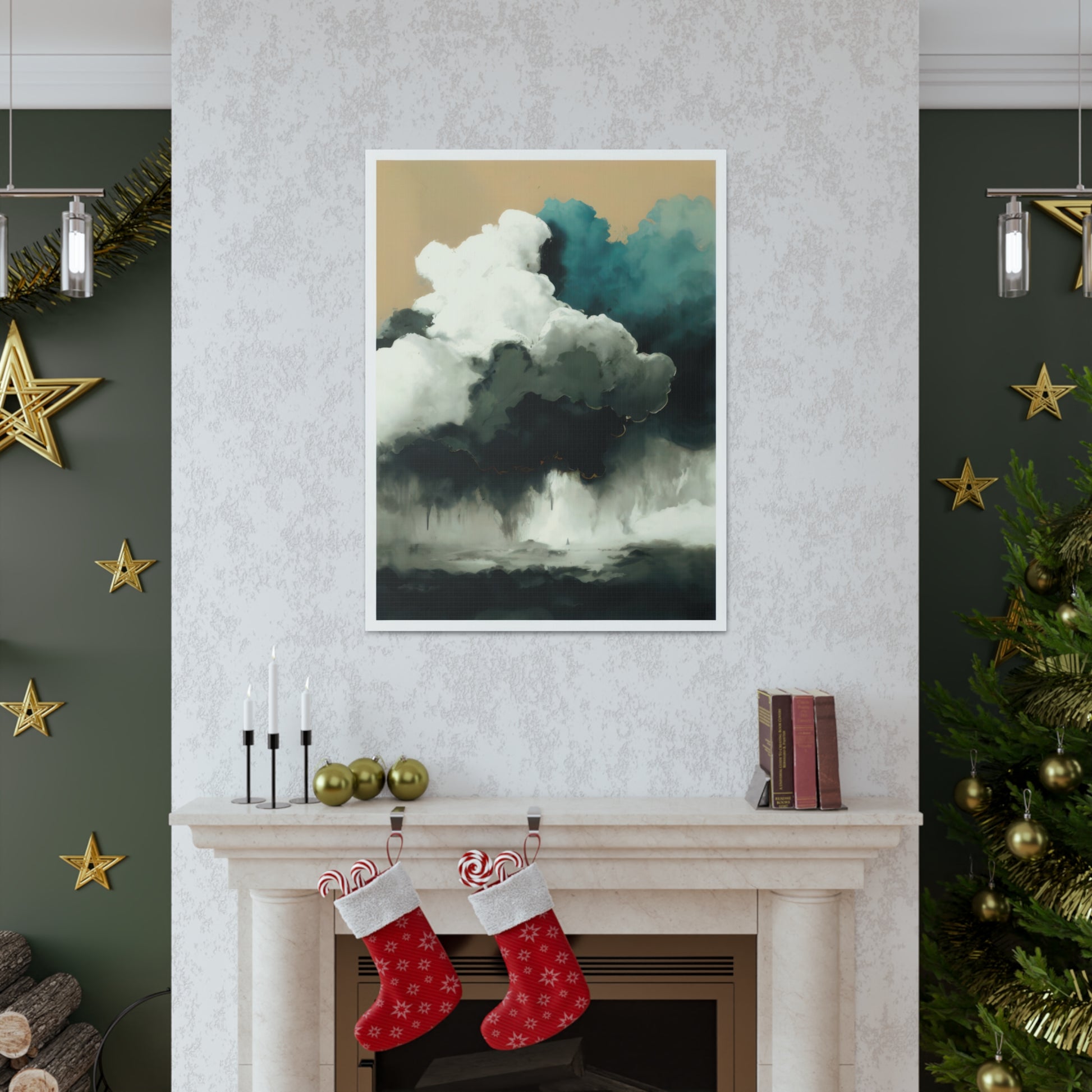 Tranquil Turmoil - Canvas Wall Art portrays nature's power and calm. Light azure and dark white clouds converge over a stormy sea of teal and beige, contrasted by a serene sky above. Printed on 100% cotton canvas, it's naturally white, matte, and substantial at 400gsm. The colors remain vibrant for lasting enjoyment.