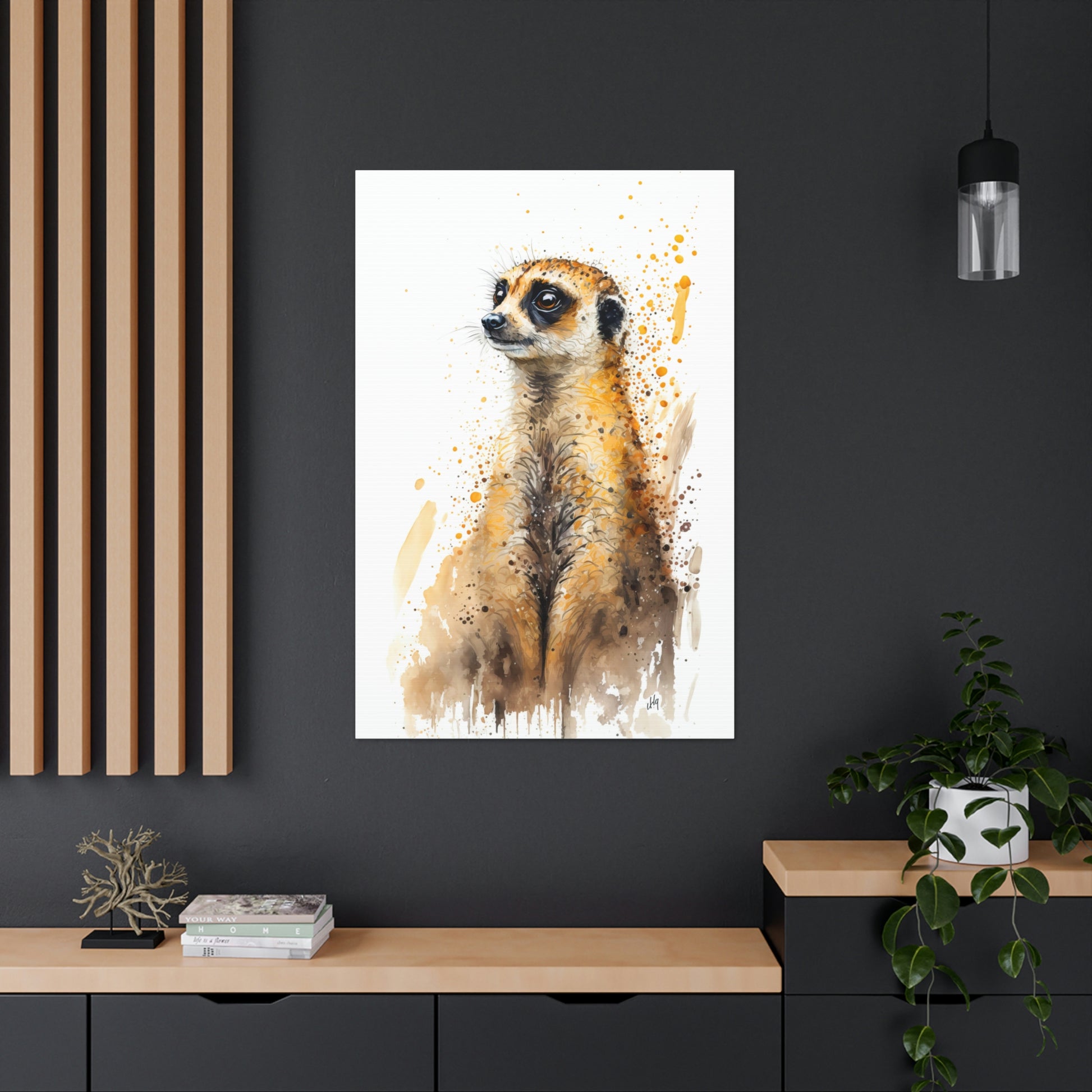 Meerkat Wall Art from the Wildlife Collection, an expressive portrayal on canvas, bringing to life the curious and watchful nature of this desert dweller. A treasure for those who appreciate distinctive wall art, nature-themed gallery showcases, memorable canvas artworks, and a touch of the wild in contemporary home interiors.