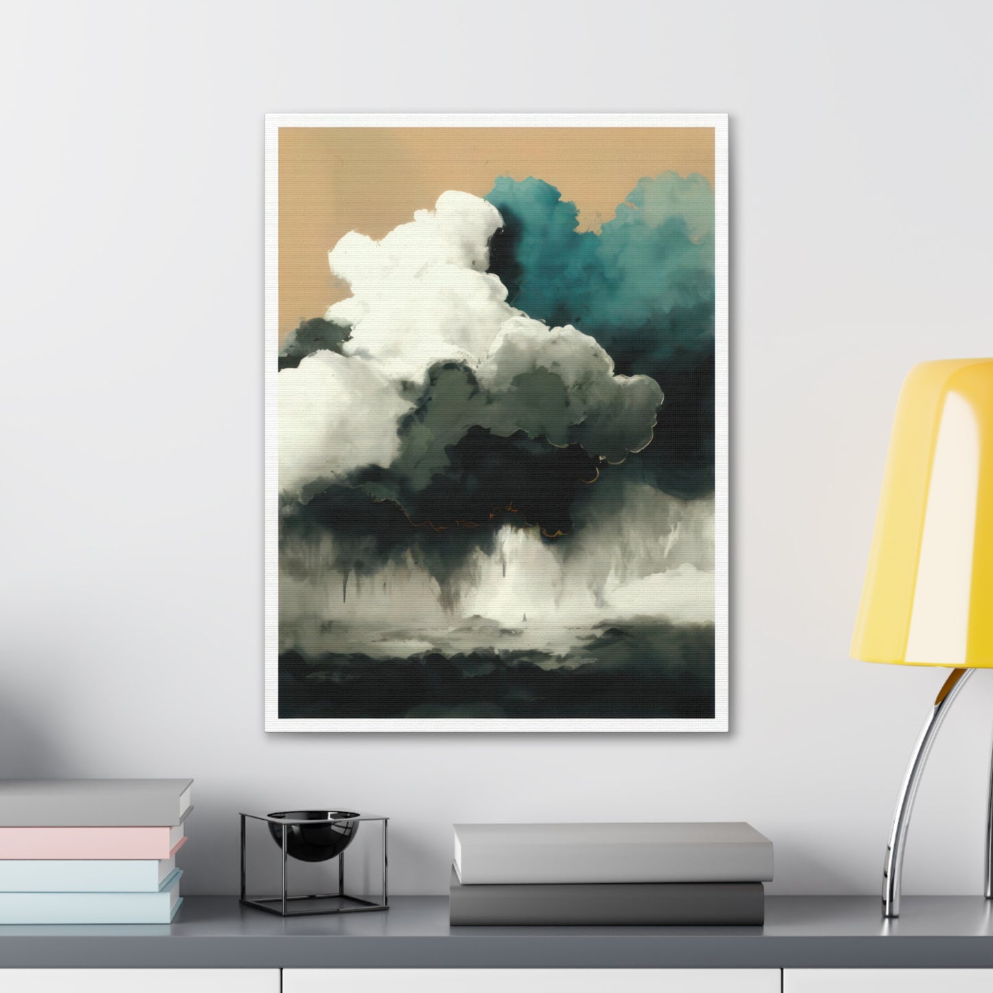 Tranquil Turmoil - Canvas Wall Art portrays nature's power and calm. Light azure and dark white clouds converge over a stormy sea of teal and beige, contrasted by a serene sky above. Printed on 100% cotton canvas, it's naturally white, matte, and substantial at 400gsm. The colors remain vibrant for lasting enjoyment.