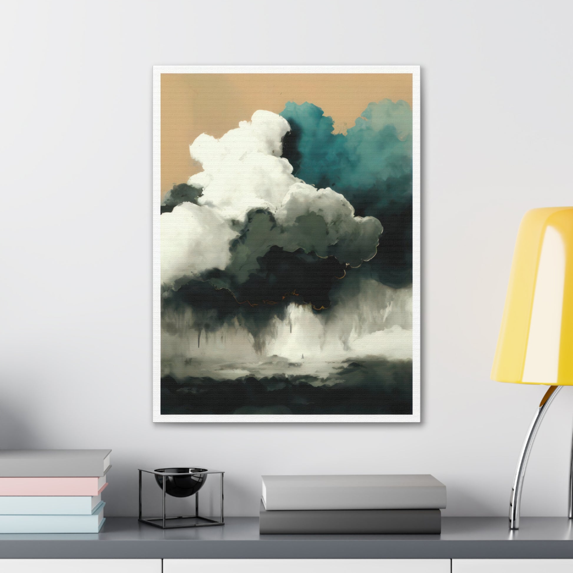 Tranquil Turmoil - Canvas Wall Art portrays nature's power and calm. Light azure and dark white clouds converge over a stormy sea of teal and beige, contrasted by a serene sky above. Printed on 100% cotton canvas, it's naturally white, matte, and substantial at 400gsm. The colors remain vibrant for lasting enjoyment.